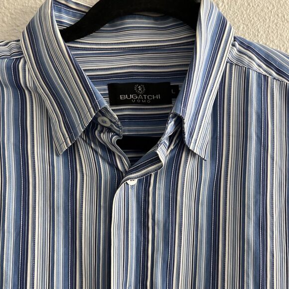 Bugatchi Uomo Dress Shirt Blue Striped Classic Fit Button Up Mens Size Large L - Picture 3 of 11